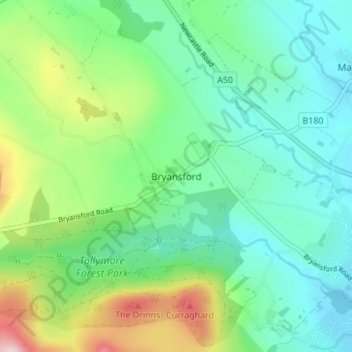 Mapa topográfico Bryansford, altitud, relieve