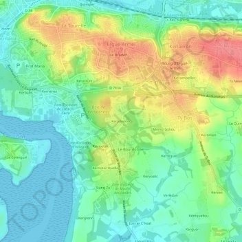 Mapa topográfico Keradennec, altitud, relieve