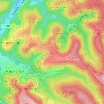Mapa topográfico Hellert, altitud, relieve