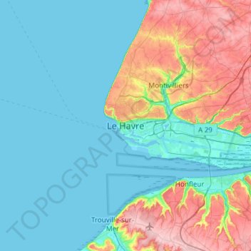 Mapa topográfico Le Havre, altitud, relieve