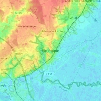 Mapa topográfico Ritterhude, altitud, relieve