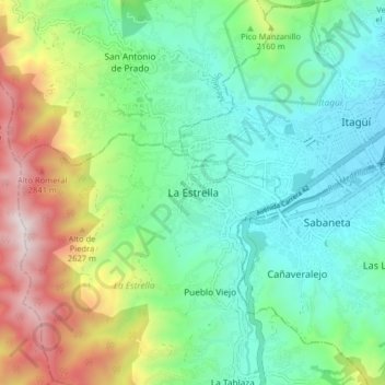 Mapa topográfico La Estrella, altitud, relieve