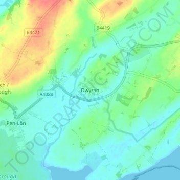 Mapa topográfico Dwyran, altitud, relieve