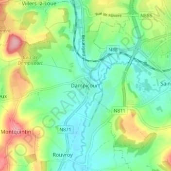 Mapa topográfico Dampicourt, altitud, relieve