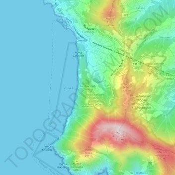 Mapa topográfico San Rocco di Camogli, altitud, relieve