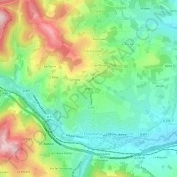 Mapa topográfico Vindry, altitud, relieve