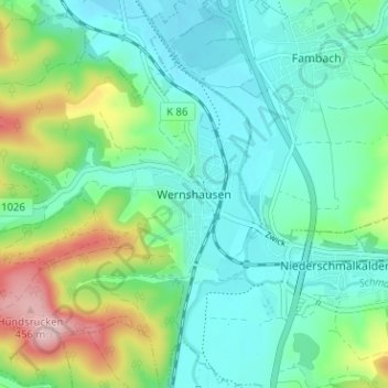 Mapa topográfico Wernshausen, altitud, relieve