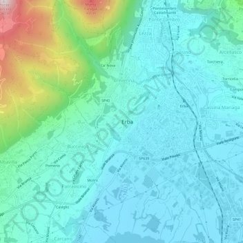 Mapa topográfico Erba Alta, altitud, relieve