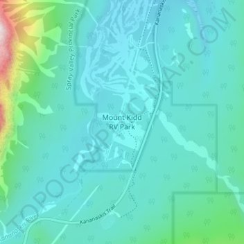 Mapa topográfico Mount Kidd RV Park, altitud, relieve