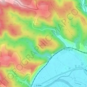 Mapa topográfico Pech Merle, altitud, relieve