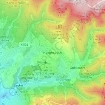 Mapa topográfico Heidersbach, altitud, relieve