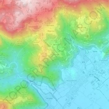 Mapa topográfico Manzaniga, altitud, relieve