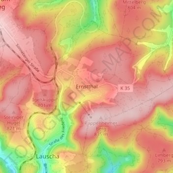 Mapa topográfico Ernstthal, altitud, relieve