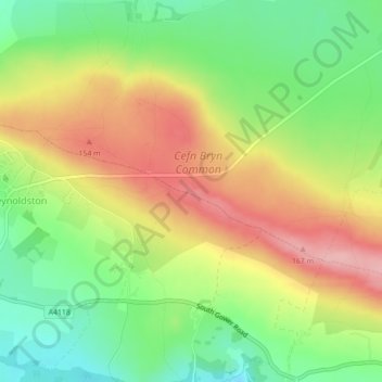 Mapa topográfico Cefn Bryn, altitud, relieve
