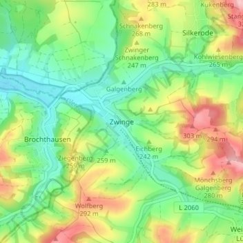 Mapa topográfico Zwinge, altitud, relieve