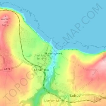 Mapa topográfico Skinningrove, altitud, relieve