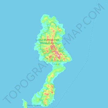 Mapa topográfico Karakelong Island, altitud, relieve