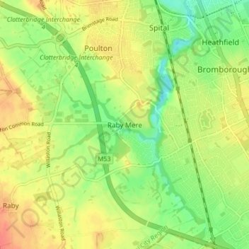 Mapa topográfico Raby Mere, altitud, relieve