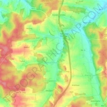 Mapa topográfico Großarreshausen, altitud, relieve