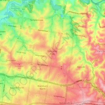Mapa topográfico Doncaster East, altitud, relieve