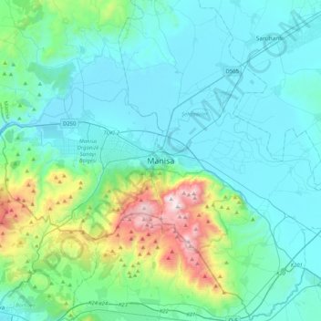 Mapa topográfico Manisa, altitud, relieve