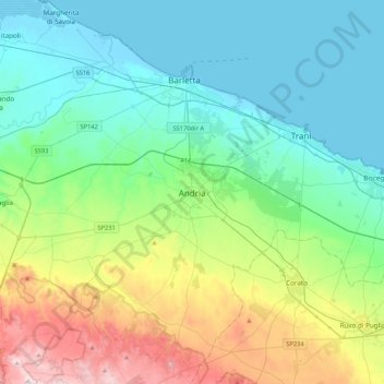 Mapa topográfico Andria, altitud, relieve