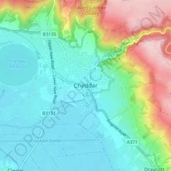 Mapa topográfico Cheddar, altitud, relieve