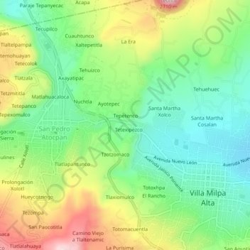 Mapa topográfico Tlaxala, altitud, relieve