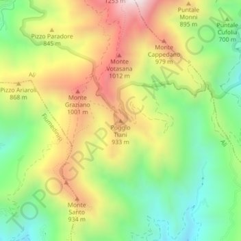 Mapa topográfico Poggio Tiani, altitud, relieve