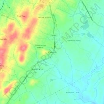 Mapa topográfico Waterville, altitud, relieve