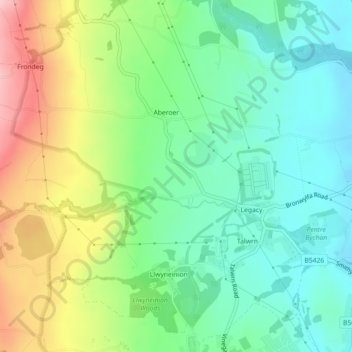 Mapa topográfico Bronwylfa, altitud, relieve