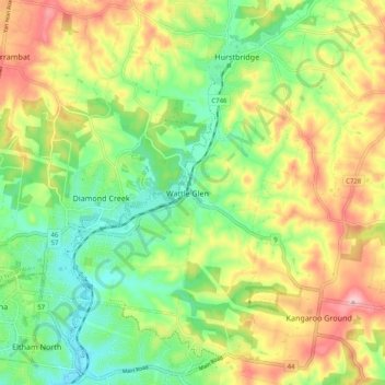 Mapa topográfico Wattle Glen, altitud, relieve
