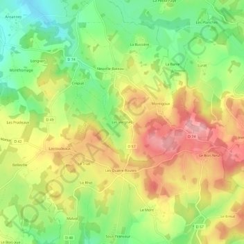 Mapa topográfico Les Vergnes, altitud, relieve