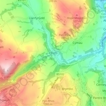 Mapa topográfico Ffrith, altitud, relieve