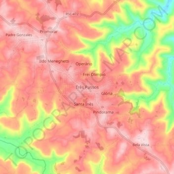Mapa topográfico Três Passos, altitud, relieve
