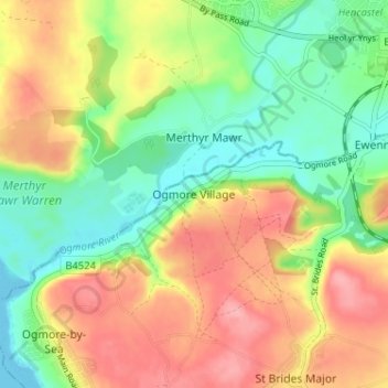 Mapa topográfico Ogmore, altitud, relieve