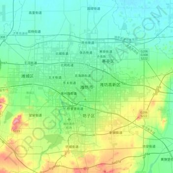 Mapa topográfico Weifang, altitud, relieve