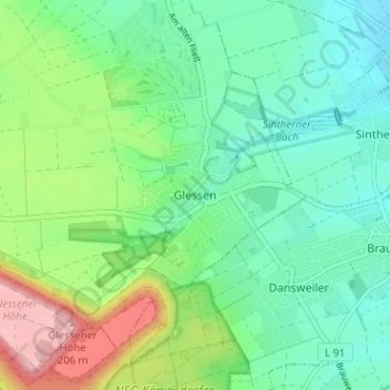 Mapa topográfico Glessen, altitud, relieve