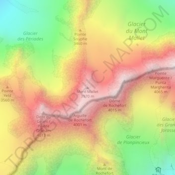 Mapa topográfico Mont Mallet, altitud, relieve