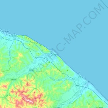 Mapa topográfico Pesaro, altitud, relieve