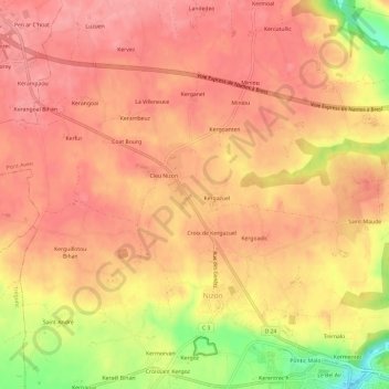 Mapa topográfico Kergazuel, altitud, relieve