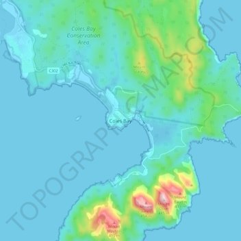 Mapa topográfico Coles Bay, altitud, relieve