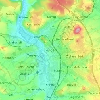 Mapa topográfico Fulda, altitud, relieve