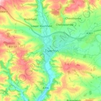 Mapa topográfico Tiverton, altitud, relieve