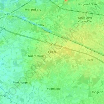 Mapa topográfico Olen, altitud, relieve