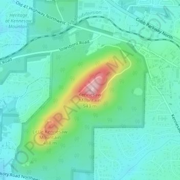 Mapa topográfico Kennesaw Mountain, altitud, relieve