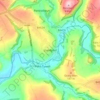 Mapa topográfico Llandysul, altitud, relieve