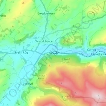 Mapa topográfico Corwen, altitud, relieve