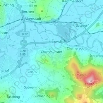 Mapa topográfico Chammünster, altitud, relieve