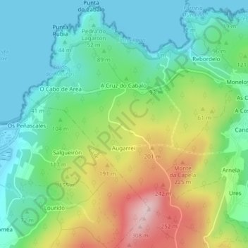 Mapa topográfico Monte de San Pedro, altitud, relieve